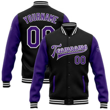 Laden Sie das Bild in den Galerie-Viewer, Uksn Individuelles Bomberjacke in Schwarz-Violett-Weiß mit Druckknopfleiste, Zweifarben-Design und Varsity-Letterman-Stil
