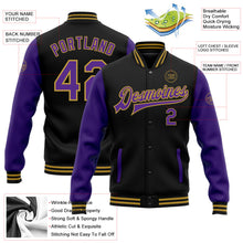 Laden Sie das Bild in den Galerie-Viewer, Uksn Individuelles Bomberjacke in Schwarz-Violett-Altgold mit Druckknopfleiste, Zweifarben-Design und Varsity-Letterman-Stil
