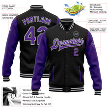 Laden Sie das Bild in den Galerie-Viewer, Uksn Individuelles Bomberjacke in Schwarz-Violett-Grau mit Druckknopfleiste, Zweifarben-Design und Varsity-Letterman-Stil
