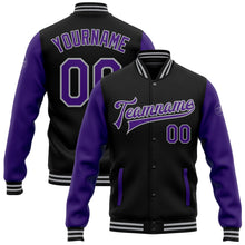 Laden Sie das Bild in den Galerie-Viewer, Uksn Individuelles Bomberjacke in Schwarz-Violett-Grau mit Druckknopfleiste, Zweifarben-Design und Varsity-Letterman-Stil
