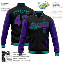 Laden Sie das Bild in den Galerie-Viewer, Uksn Individuelles Bomberjacke in Schwarz-Violett-Petrol mit Druckknopfleiste, Zweifarben-Design und Varsity-Letterman-Stil
