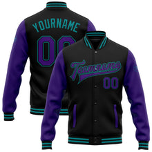 Laden Sie das Bild in den Galerie-Viewer, Uksn Individuelles Bomberjacke in Schwarz-Violett-Petrol mit Druckknopfleiste, Zweifarben-Design und Varsity-Letterman-Stil
