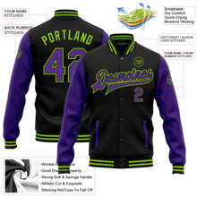 Laden Sie das Bild in den Galerie-Viewer, Uksn Individuelles Bomberjacke in Schwarz-Violett-Neongrün mit Druckknopfleiste, Zweifarben-Design und Varsity-Letterman-Stil
