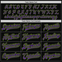 Laden Sie das Bild in den Galerie-Viewer, Uksn Individuelles Bomberjacke in Schwarz-Violett-Neongrün mit Druckknopfleiste, Zweifarben-Design und Varsity-Letterman-Stil
