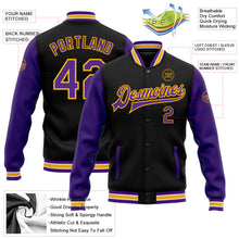 Laden Sie das Bild in den Galerie-Viewer, Uksn Individuelles Bomberjacke in Schwarz-Violett-Gold mit Druckknopfleiste, Zweifarben-Design und Varsity-Letterman-Stil
