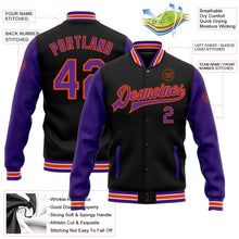 Laden Sie das Bild in den Galerie-Viewer, Uksn Individuelles Bomberjacke in Schwarz-Violett-Orange mit Druckknopfleiste, Zweifarben-Design und Varsity-Letterman-Stil

