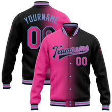 Laden Sie das Bild in den Galerie-Viewer, Uksn Individuelles Bomberjacke in Schwarz-Pink-Hellblau mit Farbverlauf-Design, Druckknopfleiste und Varsity-Letterman-Stil
