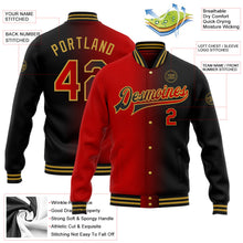 Laden Sie das Bild in den Galerie-Viewer, Uksn Individuelles Bomberjacke in Schwarz-Rot-Altgold mit Farbverlauf-Design, Druckknopfleiste und Varsity-Letterman-Stil
