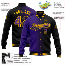 Laden Sie das Bild in den Galerie-Viewer, Uksn Individuelles Bomberjacke in Schwarz-Violett-Gold mit Farbverlauf-Design, Druckknopfleiste und Varsity-Letterman-Stil
