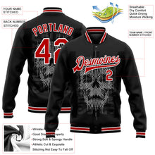 Laden Sie das Bild in den Galerie-Viewer, Uksn Individuelles Bomberjacke in Schwarz-Rot-Weiß mit 3D-Totenkopf-Design, Druckknopfleiste und Varsity-Letterman-Stil
