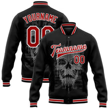 Laden Sie das Bild in den Galerie-Viewer, Uksn Individuelles Bomberjacke in Schwarz-Rot-Weiß mit 3D-Totenkopf-Design, Druckknopfleiste und Varsity-Letterman-Stil
