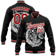 Laden Sie das Bild in den Galerie-Viewer, Uksn Individuelles Bomberjacke in Schwarz-Rot-Weiß mit 3D-Totenkopf-Design, Druckknopfleiste und Varsity-Letterman-Stil

