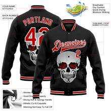 Laden Sie das Bild in den Galerie-Viewer, Uksn Individuelles Bomberjacke in Schwarz-Rot-Weiß mit 3D-Totenkopf mit Rosen, Druckknopfleiste und Varsity-Letterman-Stil
