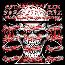 Laden Sie das Bild in den Galerie-Viewer, Uksn Individuelles Bomberjacke in Schwarz-Rot-Weiß mit 3D-Totenkopf mit Kreuz-Logo, Druckknopfleiste und Varsity-Letterman-Stil
