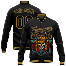Laden Sie das Bild in den Galerie-Viewer, Uksn Individuelles Bomberjacke in Schwarz-Altgold mit 3D-Totenkopf-Design, Druckknopfleiste und Varsity-Letterman-Stil
