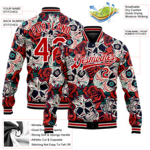 Laden Sie das Bild in den Galerie-Viewer, Uksn Individuelles Bomberjacke in Schwarz-Rot-Weiß mit 3D-Totenkopf mit Blume, Druckknopfleiste und Varsity-Letterman-Stil
