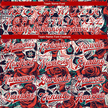 Laden Sie das Bild in den Galerie-Viewer, Uksn Individuelles Bomberjacke in Schwarz-Rot-Weiß mit 3D-Totenkopf mit Blume, Druckknopfleiste und Varsity-Letterman-Stil
