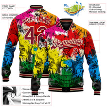 Laden Sie das Bild in den Galerie-Viewer, Uksn Individuelles Bomberjacke in Schwarz-Karmesinrot-City-Creme mit 3D-Totenkopf-Design, Druckknopfleiste und Varsity-Letterman-Stil

