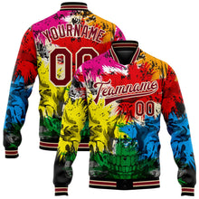 Laden Sie das Bild in den Galerie-Viewer, Uksn Individuelles Bomberjacke in Schwarz-Karmesinrot-City-Creme mit 3D-Totenkopf-Design, Druckknopfleiste und Varsity-Letterman-Stil
