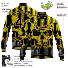 Laden Sie das Bild in den Galerie-Viewer, Uksn Individuelles Bomberjacke in Schwarz-Altgold mit 3D-Totenkopf mit Schmetterling, Druckknopfleiste und Varsity-Letterman-Stil
