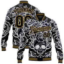 Laden Sie das Bild in den Galerie-Viewer, Uksn Individuelles Bomberjacke in Schwarz-Altgold mit 3D-Totenkopf mit Pfingstrosen, Druckknopfleiste und Varsity-Letterman-Stil
