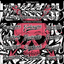 Laden Sie das Bild in den Galerie-Viewer, Uksn Individuelles Bomberjacke in Schwarz-Weiß-Pink mit 3D-Totenkopf mit herzförmigen Augen, Druckknopfleiste und Varsity-Letterman-Stil
