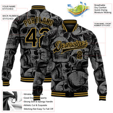 Laden Sie das Bild in den Galerie-Viewer, Uksn Individuelles Bomberjacke in Schwarz-Altgold mit 3D-Totenkopf-Design, Druckknopfleiste und Varsity-Letterman-Stil
