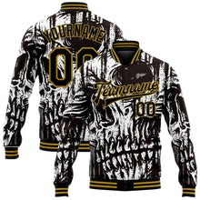 Laden Sie das Bild in den Galerie-Viewer, Uksn Individuelles Bomberjacke in Schwarz-Altgold mit 3D-Totenkopf-Design, Druckknopfleiste und Varsity-Letterman-Stil
