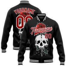 Laden Sie das Bild in den Galerie-Viewer, Uksn Individuelles Bomberjacke in Schwarz-Rot-Weiß mit 3D-Totenkopf mit Blume, Druckknopfleiste und Varsity-Letterman-Stil
