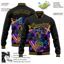 Laden Sie das Bild in den Galerie-Viewer, Uksn Individuelles Bomberjacke in Schwarz-Altgold mit 3D-Design mit psychedelischem Skelett im Metal-Apparel-Dark-Art-Stil, Druckknopfleiste und Varsity-Letterman-Stil
