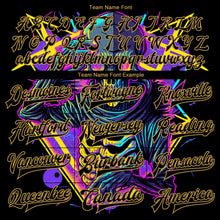 Laden Sie das Bild in den Galerie-Viewer, Uksn Individuelles Bomberjacke in Schwarz-Altgold mit 3D-Design mit psychedelischem Skelett im Metal-Apparel-Dark-Art-Stil, Druckknopfleiste und Varsity-Letterman-Stil
