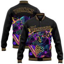Laden Sie das Bild in den Galerie-Viewer, Uksn Individuelles Bomberjacke in Schwarz-Altgold mit 3D-Design mit psychedelischem Skelett im Metal-Apparel-Dark-Art-Stil, Druckknopfleiste und Varsity-Letterman-Stil
