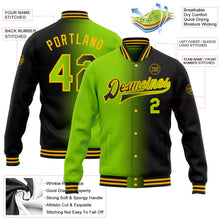 Laden Sie das Bild in den Galerie-Viewer, Uksn Individuelles Bomberjacke in Schwarz-Neongrün-Gold mit Farbverlauf-Design, Druckknopfleiste und Varsity-Letterman-Stil
