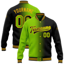 Laden Sie das Bild in den Galerie-Viewer, Uksn Individuelles Bomberjacke in Schwarz-Neongrün-Gold mit Farbverlauf-Design, Druckknopfleiste und Varsity-Letterman-Stil
