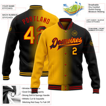 Laden Sie das Bild in den Galerie-Viewer, Uksn Individuelles Bomberjacke in Schwarz-Gold-Rot mit Farbverlauf-Design, Druckknopfleiste und Varsity-Letterman-Stil
