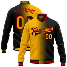 Laden Sie das Bild in den Galerie-Viewer, Uksn Individuelles Bomberjacke in Schwarz-Gold-Rot mit Farbverlauf-Design, Druckknopfleiste und Varsity-Letterman-Stil
