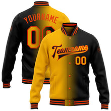 Laden Sie das Bild in den Galerie-Viewer, Uksn Individuelles Bomberjacke in Schwarz-Gold-Orange mit Farbverlauf-Design, Druckknopfleiste und Varsity-Letterman-Stil
