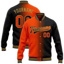 Laden Sie das Bild in den Galerie-Viewer, Uksn Individuelles Bomberjacke in Schwarz-Orange-Altgold mit Farbverlauf-Design, Druckknopfleiste und Varsity-Letterman-Stil
