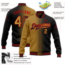 Laden Sie das Bild in den Galerie-Viewer, Uksn Individuelles Bomberjacke in Schwarz-Altgold-Rot mit Farbverlauf-Design, Druckknopfleiste und Varsity-Letterman-Stil
