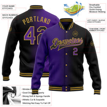 Laden Sie das Bild in den Galerie-Viewer, Uksn Individuelles Bomberjacke in Schwarz-Violett-Altgold mit Farbverlauf-Design, Druckknopfleiste und Varsity-Letterman-Stil
