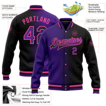 Laden Sie das Bild in den Galerie-Viewer, Uksn Individuelles Bomberjacke in Schwarz-Violett-Pink mit Farbverlauf-Design, Druckknopfleiste und Varsity-Letterman-Stil
