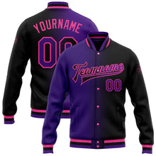 Laden Sie das Bild in den Galerie-Viewer, Uksn Individuelles Bomberjacke in Schwarz-Violett-Pink mit Farbverlauf-Design, Druckknopfleiste und Varsity-Letterman-Stil
