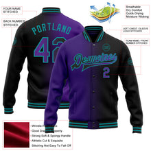 Laden Sie das Bild in den Galerie-Viewer, Uksn Individuelles Bomberjacke in Schwarz-Violett-Petrol mit Farbverlauf-Design, Druckknopfleiste und Varsity-Letterman-Stil
