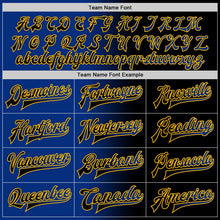 Laden Sie das Bild in den Galerie-Viewer, Uksn Individuelles Bomberjacke in Schwarz-Royalblau-Gold mit Farbverlauf-Design, Druckknopfleiste und Varsity-Letterman-Stil
