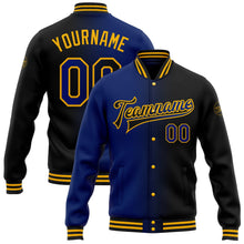 Laden Sie das Bild in den Galerie-Viewer, Uksn Individuelles Bomberjacke in Schwarz-Royalblau-Gold mit Farbverlauf-Design, Druckknopfleiste und Varsity-Letterman-Stil
