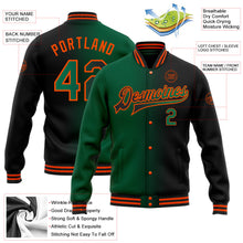 Laden Sie das Bild in den Galerie-Viewer, Uksn Individuelles Bomberjacke in Schwarz-Kelly-Grün-Orange mit Farbverlauf-Design, Druckknopfleiste und Varsity-Letterman-Stil
