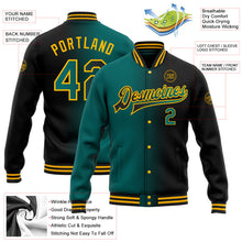 Laden Sie das Bild in den Galerie-Viewer, Uksn Individuelles Bomberjacke in Schwarz-Petrol-Gold mit Farbverlauf-Design, Druckknopfleiste und Varsity-Letterman-Stil
