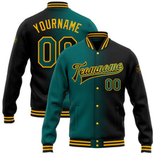 Laden Sie das Bild in den Galerie-Viewer, Uksn Individuelles Bomberjacke in Schwarz-Petrol-Gold mit Farbverlauf-Design, Druckknopfleiste und Varsity-Letterman-Stil
