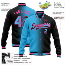 Laden Sie das Bild in den Galerie-Viewer, Uksn Individuelles Bomberjacke in Schwarz-Himmelblau-Pink mit Farbverlauf-Design, Druckknopfleiste und Varsity-Letterman-Stil
