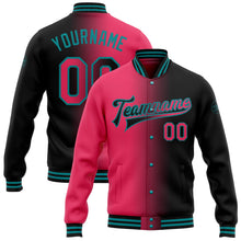 Laden Sie das Bild in den Galerie-Viewer, Uksn Individuelles Bomberjacke in Schwarz-Neonpink-Petrol mit Farbverlauf-Design, Druckknopfleiste und Varsity-Letterman-Stil
